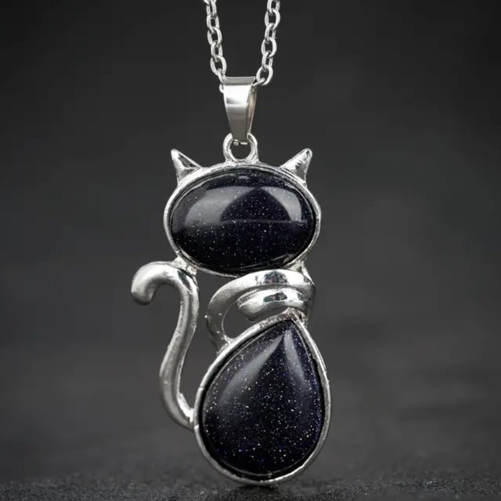 Blue Sandstone Natural Stone Cute Cat Pendant Necklace - Picture 2 of 3